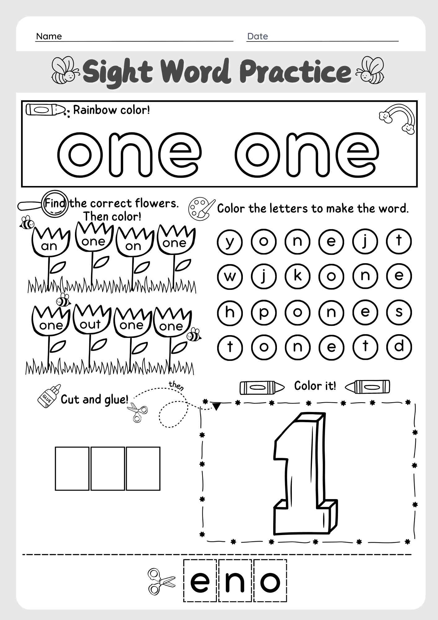 Dolch Sight Word "One" Worksheet for PreKindergarten PDF Download